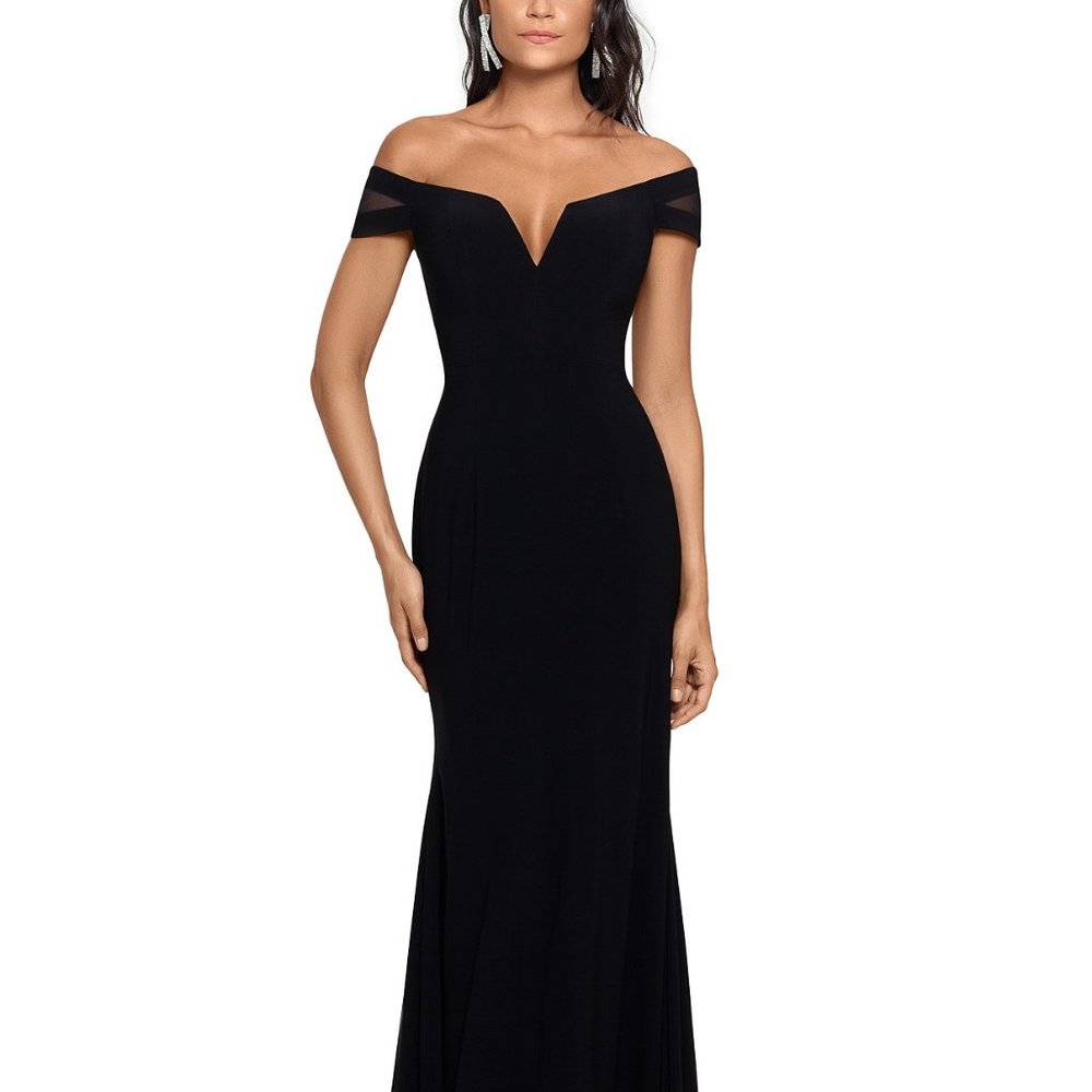 XSCAPE Off-The-Shoulder Illusion-Sleeve Gown Black